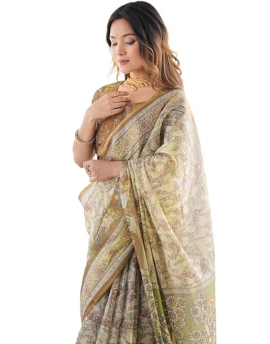 Image of SIRIL Women's Cotton Linen Kalamkari Printed Handloom Saree with Unstitched Blouse Piece