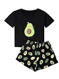 GORGLITTER Damen Pyjama Set Avocad Top und Polka Dot Short Hose Zweiteiliger Schlafanzug Schwarz und Grün S