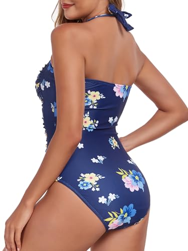 Image of Smismivo Tummy Control Swimwear Halter One Piece Slimming Vintage Retro Swimsuit Womens Ruched Push Up Bathing Suit