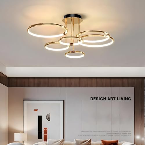 6 Okrągłe Pierścienie Złota Lampa Sufitowa Led, Ø105cm Żyrandol O Średnicy, 145W Bezstopniowo Przyciemniana, Kreatywna Metalowa Galwanizowana Lampa Wisząca, Nowoczesna Lampa Do Sypialni, Salonu Biura