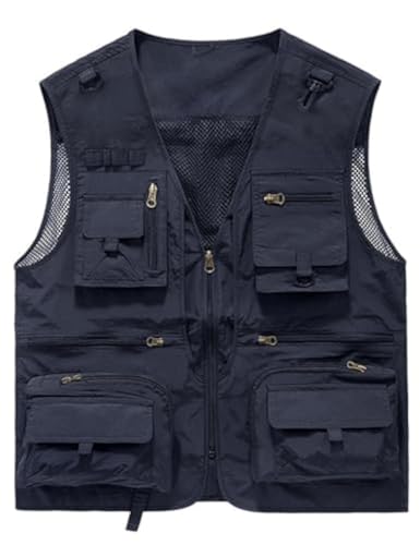 PEHMEA Men's Fishing Vest Utility Detachable Safari Travel Vest with Pockets Outdoor Work Photo Cargo Fly Summer Vest(Navy-XL)