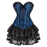 AIGOUT Brokat-Korsett und Ballettrock im Court-Stil mit Reißverschluss vorne, Gothic-Stil, Korsettkleid, Burlesque, Renaissance, Fischgräten-Mieder, Bustier mit mehrlagigem Spitzen-Tutu (Blau-Schwarz