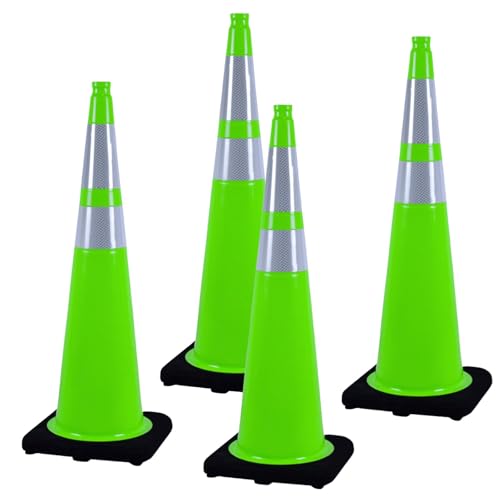 VILMON 4 Pack 36 Green PVC Traffic Cones Road Construction Cones with Black Base and Reflective Stripes Safety Cones for Parking Lots Driveways Construction Areas and Traffic Control