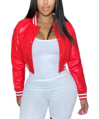 Image of Mintsnow Womens Varsity Jacket Long Sleeve Button Down Bomber Jackets Casual Baseball Uniform Streetwear
