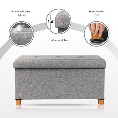 Pinplus Folding Ottoman Coffee Table With Wooden Legs, Grey Ottoman With Storage, Large Linen Ottoman Foot Rest Toy Chest With Tray, End Of Bed Bench For Living Room Bedroom Kids Room, 30"X 15"X 15" #TOP3