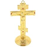 Beaupretty Adorno de Cruz Metálica Dorada Vintage con Base Adhesiva, Decoración de Escritorio y Estantería para Hogar y Oficina, Estatua de Sobremesa, Centro de Mesa Elegante y Compacto