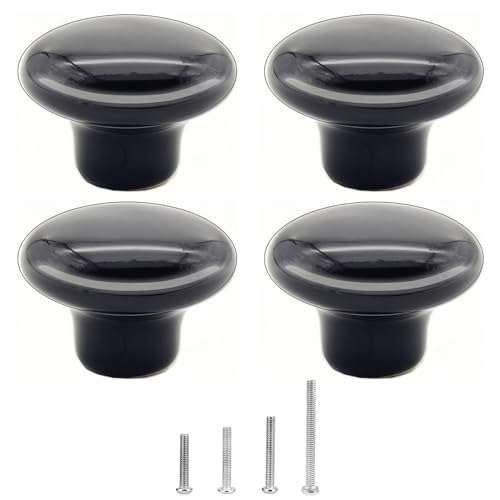 4 Pièces Bouton de Meuble en Céramique Ronde 32mm - Boutons de Portes pour Placards - Noir Poignee De Meuble Cuisine avec 4 Tailles de Vis