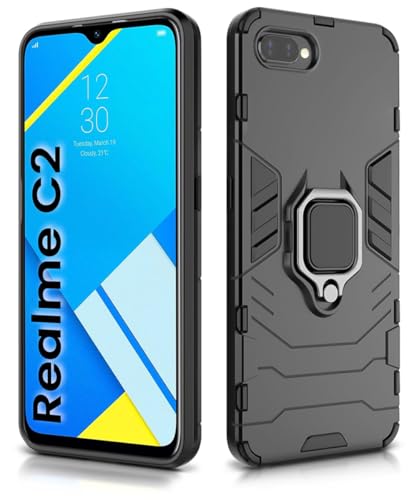 Image of WOW IMAGINE Shock Proof Back Case Mobile Cover for Realme C2 (Armor | Hybrid PC + TPU | Full Protection with Ring Holder Kickstand | Carbon Black)