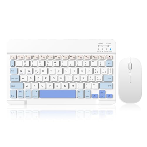 SOPPY Tastiera e Mouse Bluetooth Portatili, Mini Ricaricabile per iPad/Samsung Tab/Lenovo Tab/iOS/Android/Windows, Layout Italiano (Bianco e Blu)