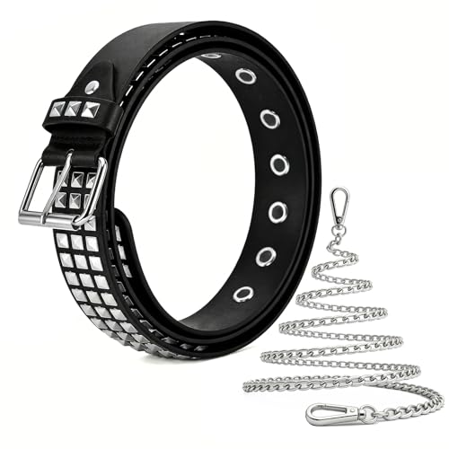 Aufordebatis Mens Studded Belts with Pant Chain Pyramid Rivets Studs Y2K Leather Waist Belt for Women Hip Hop Punk Grunge Accessories (Black Leather + Silver Studded, Adjusting Length 36-43 inches)