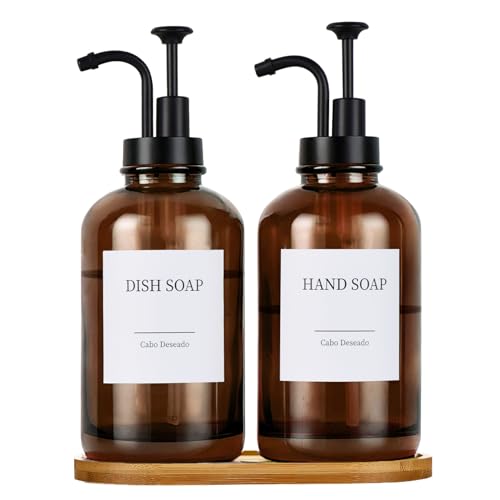 Image of Glass Soap Dispenser with Pump, Dish and Hand Soap Dispenser for Kitchen Bathroom Set, Clear Glass Dispenser Set of 2 Pack with 18 Stickers Funnel Bamboo Tray 500ml 18oz Amber