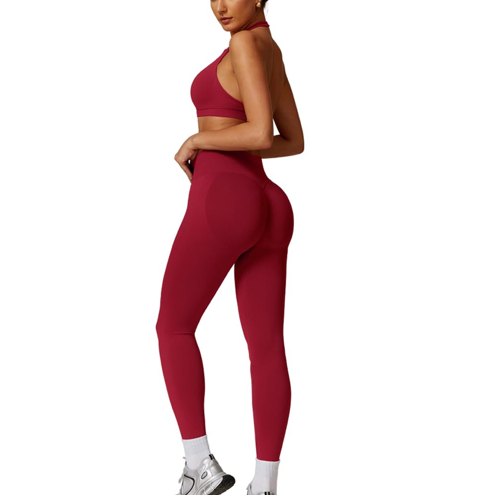 JN JANPRINT Ensemble de sport 2 pièces sans couture pour femme, dos nu, soutien-gorge de sport, legging froncé dissimulé, tenue de yoga, survêtement d'entraînement