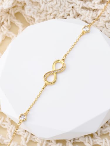 14k Gold Infinity Bracelet for Women 14k Solid Gold Infinity Moissanit Ankle Bracelets Infinite Love Jewelry Birthday Anniversary Mothers Day Gifts for Mom Wife Her Girlfriend, 6.5+1+1inches2
