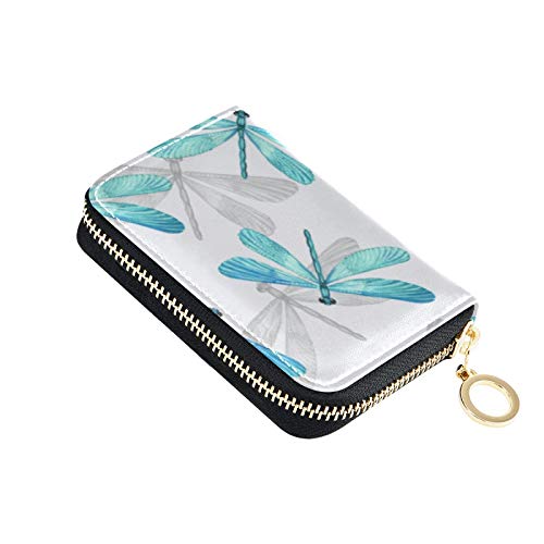 MOYYO RFID Credit Card Holder Case Watercolor Blue Dragonfly Leather Printed Zipper Card Case Wallet for Women Girls