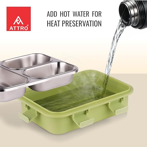 Image of ATTRO Trio Meal Stainless Steel Lunch Box with 3 Partition, Microwave Safe, Airtight Leakproof Silicone Seal Lid, BPA-Free Food Grade Tiffin Box for Office School Kids - 600ml - Green