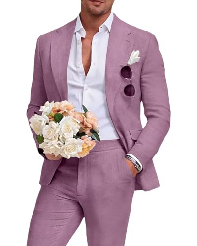 Image of Men's Linen Suit 2 Piece Slim Fit Summer Beach Wedding Prom Party | Breathable,Linen Blazer Suit Set,for Beach Weddings,Groom Wear,Prom and Outdoor Parties,Business Casual,Vacation Daily Wear
