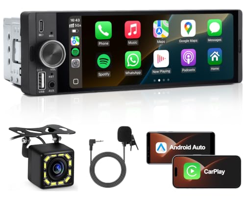 Single Din Car Stereo 1 Din Car Radio with Wireless CarPlay & Android Auto 6.36 Touch screen Head Unit with Voice Control Mirror Link FM Bluetooth Hands-free Calling SWC EQ Type-C (Black B)