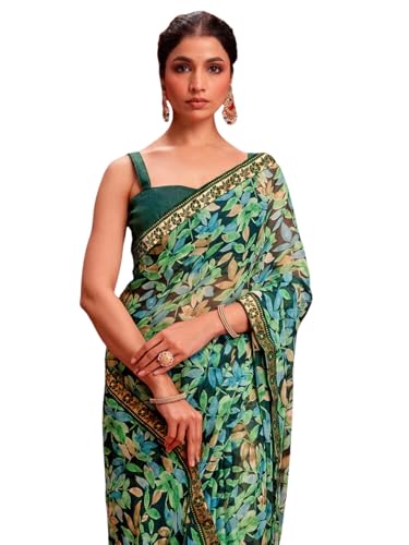 Image of SIRIL Women's Chiffon Printed Saree With Unstitched Blouse Piece