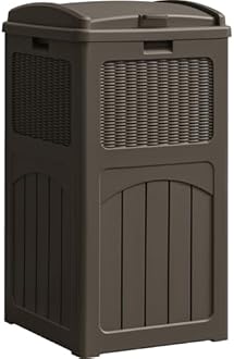 YESHOMY 33 Gallon Resin Outdoor Trash Can with Lid, Hideaway Waterproof Patio Garbage Bin, Brown