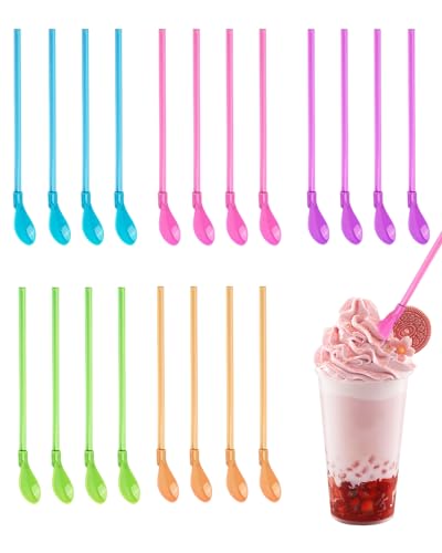 GIFANEO 20 Stück Strohhalm mit Löffel, Strohhalme Löffel Wiederverwendbare, 2-in-1-Strohhalm und Löffel,Bunter Strohhalm-Löffel,für...