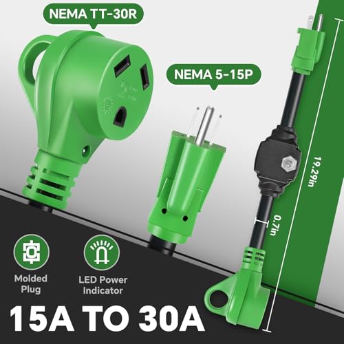 Image of Overload Protector 30 Amp to 110 Volt RV Adapter & Surge Protector for Campers, Trailers - NEMA 5-15P to NEMA TT-30R Plug with Circuit Breaker, ETL-Listed, 18.5 Inch