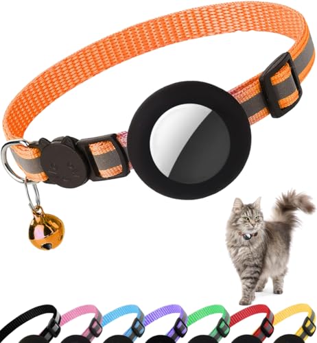 Collier Chat Airtag, Collier pour Chat Anti-étranglement avec Protecteur Airtag et Cloche, pour Toutes Les Tailles de Chats, Large de 1 Centimètres et Léger (Orange)