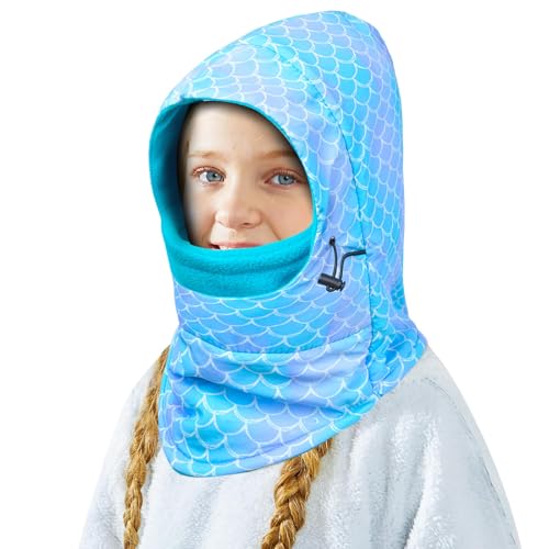 PASHOP Cagoule d'hiver pour enfants avec écharpe d'hiver chaude pour filles et garçons de 3 à 8 ans - Pour cyclisme, ski, sports de plein air, Sirène bleue, 3-8 ans