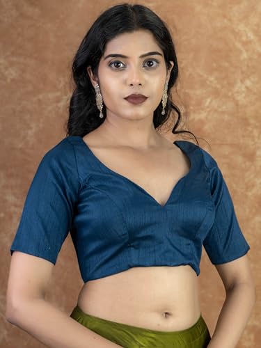 Image of FIGURE'S DESIGNER Women's Dupion Raw Silk Half Elbow Sleeves Sweetheart V Neck Sabyasachi Cut Readymade Saree Blouse S10