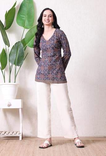 Image of MEERA FAB Women's Floral Printed Cotton Short Top | Ikkat Printed Top Cut Sleeves | Short Kurti for Women
