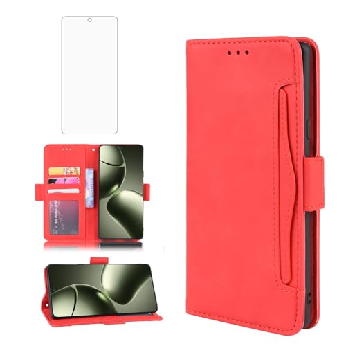 Étui portefeuille Xiaomi 14T rouge en cuir avec porte-cartes et protège-écran en verre trempé