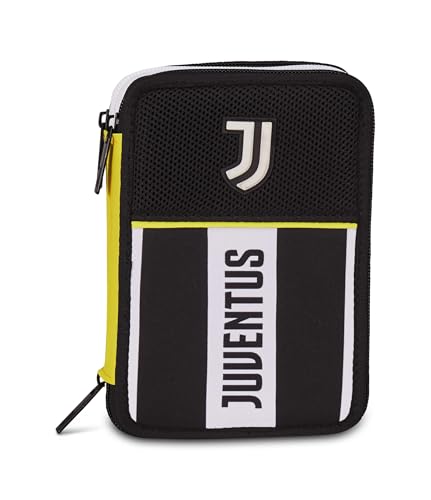Seven Juventus Federmäppchen für die Schule mit 3 Reißverschlüssen, schwarz, Stiftehalter, dreifach mit Stiften, Bleistiften, Farben, Grundschule, Kinder, Fußball, Schwarz, Modern