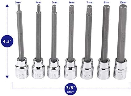 Extra Long Metric Hex Bit Socket Set, 7 Piece 3-10mm 3/8 Drive, CR-V Steel (Hex)