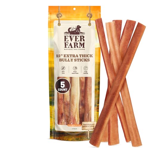 EVER FARM Pet Odor-Free Extra-Thick Jumbo Bully Sticks for Large Dogs (12 5 Pack) All-Natural Long-Lasting Dog Chews Made from 100% Grass-Fed Beef High-Protein & Grain-Free.
