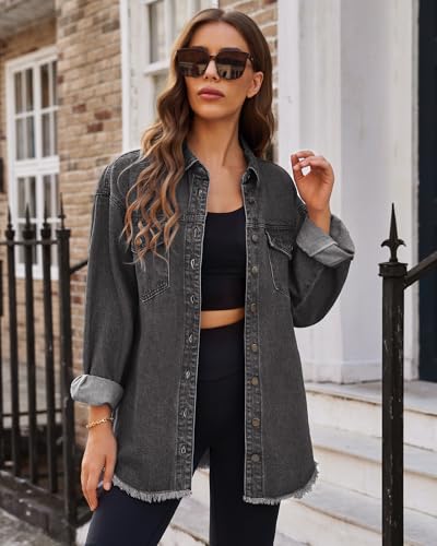 Vetinee Women's Oversized Button Down Shirts for Women Oversized Boyfriend Front Button Up Frayed Raw Hem Long Sleeve Pockets Denim Jean Jacket Shacket Smoky Gray Medium Size 8 Size 10 - Thumbnail 6