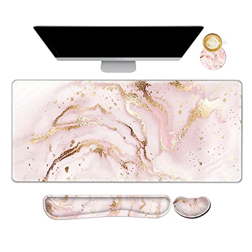 Image of ARTSO Large Gaming Mouse Pad, Keyboard Wrist Rest Pad & Wrist Support Mousepad Set, Stitched Edge, Extended, Non-Slip Base, Memory Foam,Multifunctional Desk Mat 4pcs for Office & Home, Pink Marble