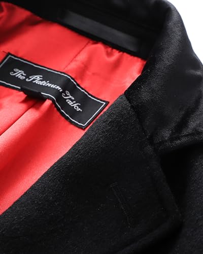 The Platinum Tailor New Mens Wool Covert Overcoat Warm Winter Mod Cromby Coat with Velvet Collar & Red Satin Lining, Black, 46 - Image 8