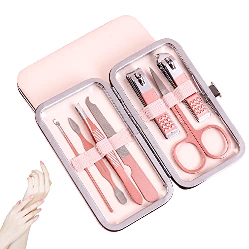 Jaimela Tagliaunghie Set Professionale, 7 in 1 Manicure con Confezione Regalo di Lusso, Pedicure Set in Acciaio Inox Forbici per Cura Personale e Bellezza (Rosa)