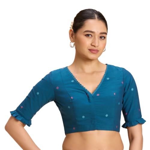Image of Studio Shringaar Women's Handloom Cotton Jamdani Border Readymade Saree Blouse