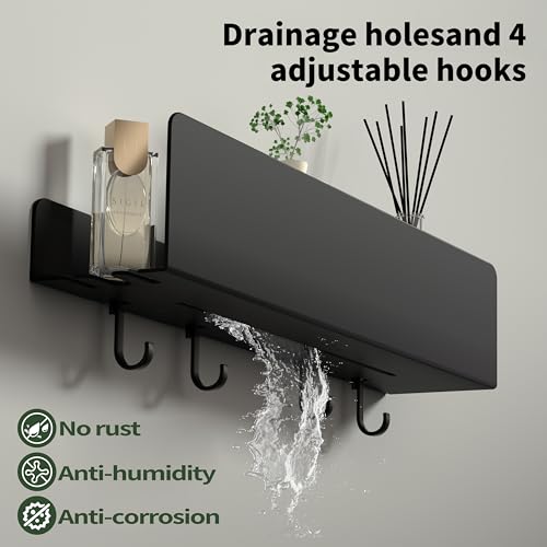 REKITA Duschablage ohne Bohren, Badezimmer Organizer 40 cm, Duschablage Edelstahl mit 4 Abnehmbaren Haken, Shampoo Halterung für Dusche, Hängeregal, Badregal Schwarz