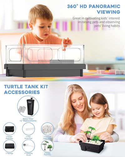 Image of MoonOrange Small Turtle Tank, Aquarium, Acrylic Terrarium with Basking Platform, Bottom Drainage, Multi-Function Areas for Turtles, Crabs, Crayfish, Reptiles.(Black)