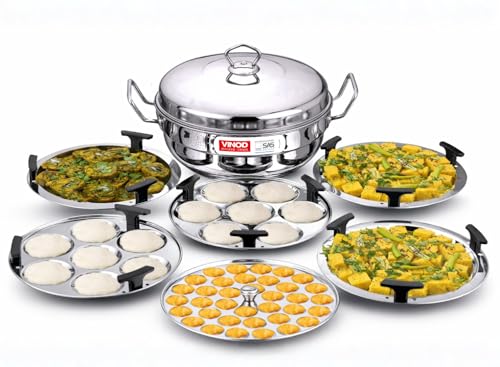 Vinod Stainless Steel Deluxe Multi Kadai with 6 Plates - 26cm, 2 Idli, 2 Dhokla,1 Patra and 1 Mini Idli Plate | Dhokla and Momos Steamer, Maker,Induction Friendly