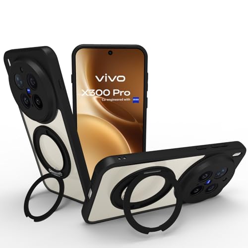 Image of RIGGEAR Shockproof Sleek Hybrid Armor 360 Rotating Magnetic Ring Stand Back Cover Case Compatible with MagSafe Accessories for Vivo X300 Pro (Clear PC + Black TPU Bumper)