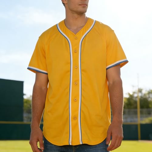 Jersey de béisbol amarillo liso, camiseta casual con mangas cortas y botones miniatura 1