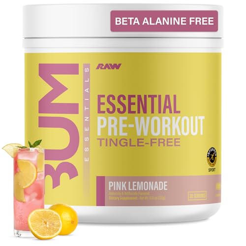Image of RAW Essential Tingle-Free Pre Workout Powder - Preworkout Without Beta-Alanine for Clean Energy & Focus - Workout Supplement with 200mg of Natural Caffeine - Pink Lemonade - 30 Servings