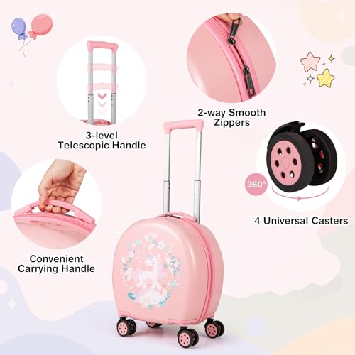 COSTWAY 4 Pieces Kids Suitcase, 14 Inch Luggage & Backpack Set with Neck Pillow, Name Tag, Extendable Handle, Children Travel Trolley Bag for Boys Girls (Pink) - Image 3