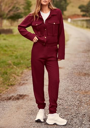 Image of PRETTYGARDEN Womens Two Piece Sets Fall 2026 Long Sleeve Button Down Shacket Jacket Long Sweatpants Tracksuit Winter Clothes