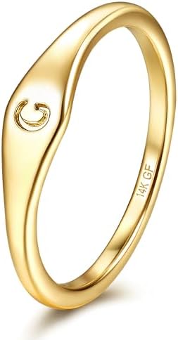 Florideco 14K Gold Filled Ring Initial Ring Dainty Simple Letter Band Rings Signet Stackable Pinky Alphabet Thin Thumb Rings for Women Non Tarnish G7
