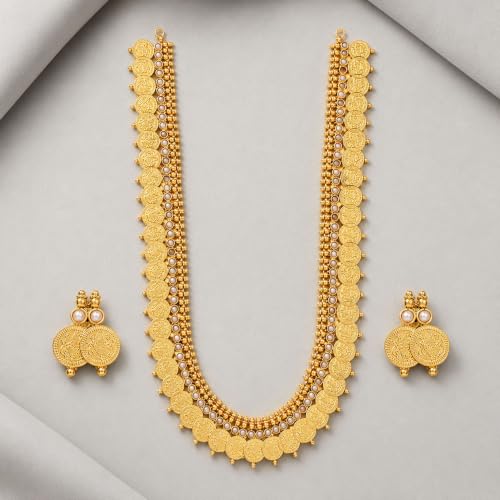 Image of ZENEME Jewellery Set Gold Plated Long Traditional Maharani Beads Studded Temple Coin Necklace Set with Earrings Jewellery For Women & Girls