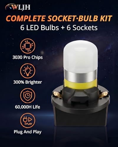 Image of WLJH Yellow T10 194 LED Bulbs with PC194 Twist Socket for Dash Cluster | 3030 SMD, Dimmable, Direct Fit, Amber, PC195 PC161 PC168, Instrument Panel Light, Gauge Light, 1:1 Size Design, 6-Pack