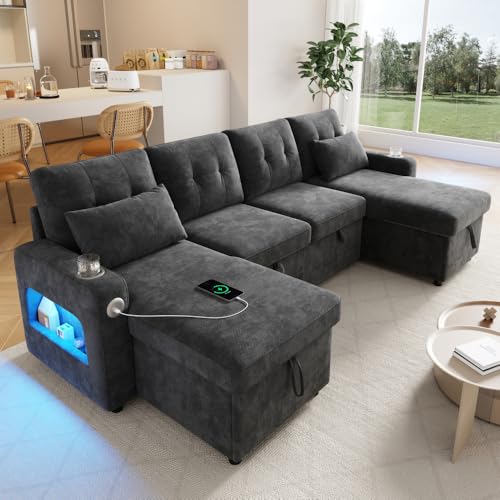 Sapgaks Canapé d'angle Convertible avec USB et LED,canapé Convertible 4 Places,Canapé lit d'angle avec Fonction Sommeil,canapé 4 Places gigogne en U,avec Rangement,avec Porte-gobelet (Gris)